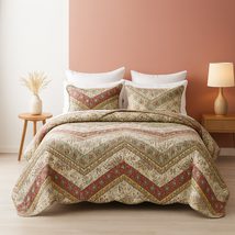 Rustic Bohemian Cranberry Sage Chevron Floral Bedspread Set - $103.13+