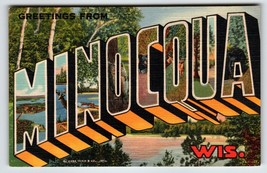 Greetings From Minocqua Wisconsin Large Big Letter Postcard Curt Teich Unused - £13.65 GBP