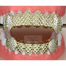 Fangs Dia Cut Custom Fit 14k Gold Plated Top Bottom Cubic Zirconia Grill... - £15.29 GBP
