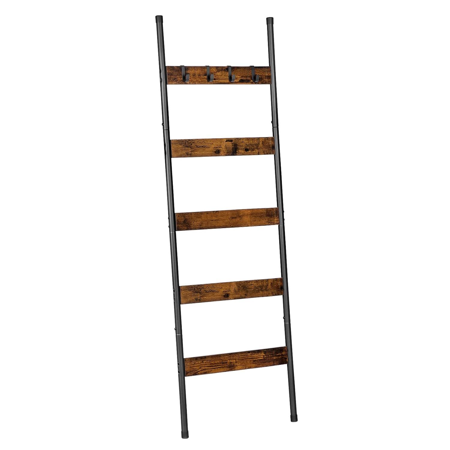 Blanket Ladder, 5-Tier Ladder Shelf With Hooks, Wall-Leaning Rack, Decorative Di