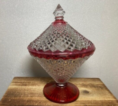 Indiana Glass Diamond Point Ruby Flash 7.5&quot; Tall  Candy Dish with Lid - $25.71