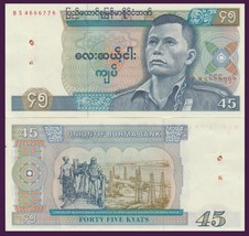 Burma P64, 45 Kyat, Pho Hla Gyi in uniform / Oil workers, oil field 1987 AU - $2.99