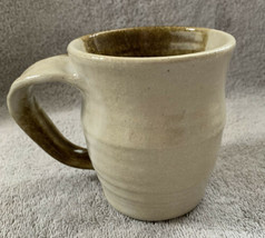 Hand Thrown Pottery Art Mug Coffee Cup Signed Earth Tones Cream &amp; Brown 4.25” - £11.15 GBP