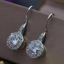 1.90Ct Simulated Diamond Halo Drop Fish Hook Earrings 14K White Gold Plated VDay - $76.84