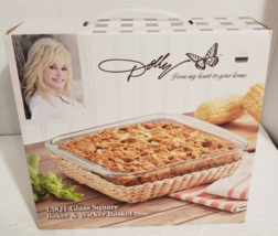 Dolly Parton Glass Square Baker &amp; Wicker Basket 1.9 Qt 8&quot; Cooking Area NIB - £15.21 GBP