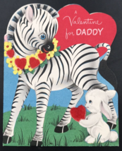 VTG Diecut Zebra Lei &amp; Bunny Rabbit w/ Fuzzy Hearts For Daddy Valentine Greeting - £9.63 GBP