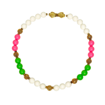 Beaded Necklace 16&quot; Choker Women Acrylic Metal Filigree Pink Green White Gold - £9.70 GBP