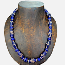 Antique Venetian Style Blue Chevron Glass Beads necklace - $76.74 CAD