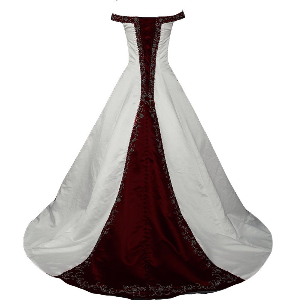 Kivary White and Burgundy A Line Beaded Embroidery Off Shoulder Wedding Dresses