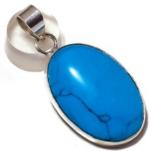 Huge! Blue Turquoise Cabochon Oval Gemstone 925 Silver Overlay Handmade Pendant - £7.95 GBP