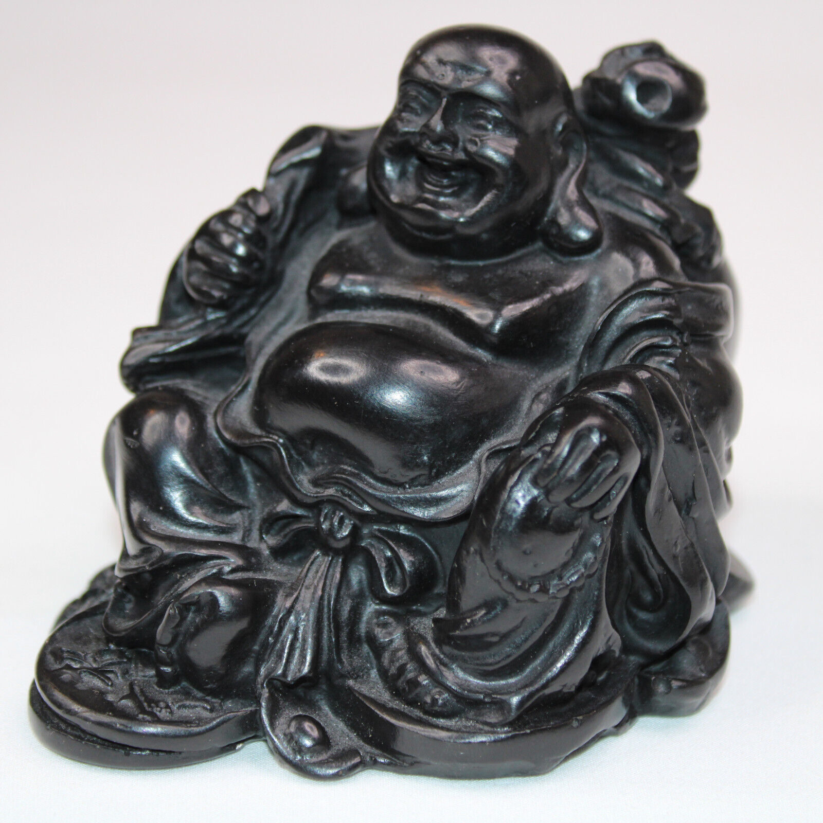 Vintage Chinese Buddha Figure Heavy Black Resin Happy Feng Shui Statue R... - $13.50