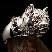 Excellent crafted Mens Sterling Silver Pinky Ring Pitbull with Red Garnet Collar - £55.50 GBP