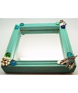 Vtg upcycled seafoam blue small wood mirror square shabby cottage rustic... - £13.19 GBP