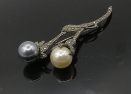 925 Sterling Silver - Vintage Pearls &amp; Marcasite Floral Brooch Pin - BP4083 - £55.45 GBP