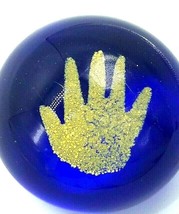 Vintage Art Glass Paperweight - Blue Glass with Gold Floating Hand 3 1/4&quot; D - $10.84