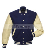 Bomber Varsity Letterman Baseball Jacket Navy Blue Body Cream Leather Sl... - £47.19 GBP