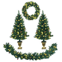 4 Pieces Christmas Decoration Set with Garland Wreath and Entrance Trees - Color - £135.99 GBP