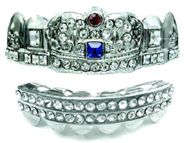 14K White Gold GP Metal Deluxe Crown Lab Diamond Teeth Grillz Set with Mold Kit - £11.72 GBP