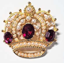 Vintage Faux Pearl &amp; Red Rhinestones Crown Brooch Pin signed Celebrity 2x2&quot; - £15.71 GBP