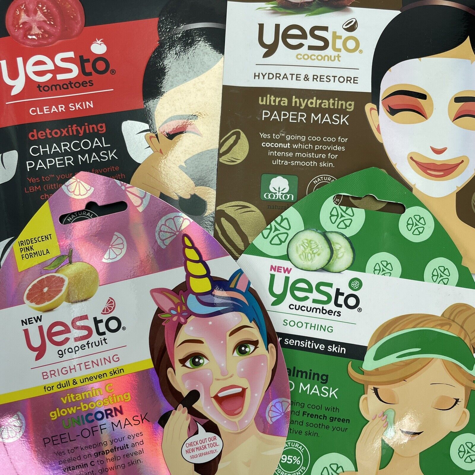 Yes to Face Mask Coconut Cucumber Tomatoes Grapefruit Mixed .33oz-.67oz Lot of 4 - $11.64