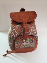 Guatemalan Native Beige Green Huipil And Leather Backpack Original 100% Handmade - £46.21 GBP