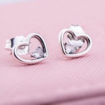 S925 Sterling Silver Asymmetric Hearts of Love Stud Earrings With Clear CZ Stud  - £11.97 GBP