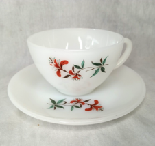 Fire King Glass Tea Cup &amp; Saucer, Red Flowers, Anchor Hocking, MCM - £9.34 GBP