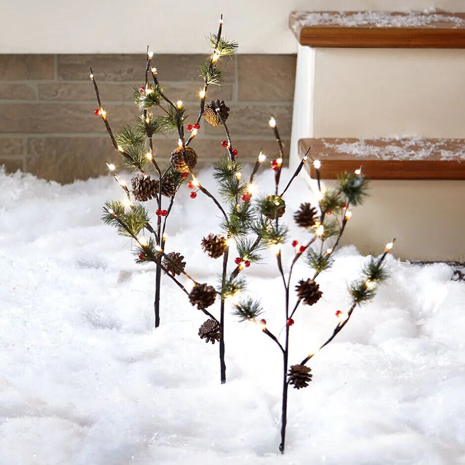 Primary image for Set of 3 Lighted Pine Tree Branch Yard Stakes w/ Berries Christmas Holiday Decor