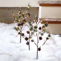 Set of 3 Lighted Pine Tree Branch Yard Stakes w/ Berries Christmas Holid... - $28.99