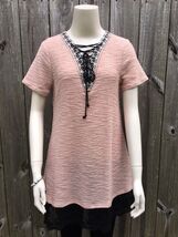 Vocal~Rose Front Tie Long Tunic~Black Lace Bottom Trim - $39.50