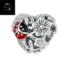 Sterling Silver 925 Flower Daisy And Ladybird Insect Vintage Heart Bead Charm - £16.93 GBP