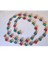 Bezel Set Glass Crystal Necklace Multi Color Gold Tone Links 25&quot; Long Co... - $34.99