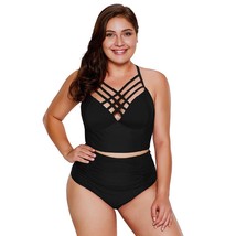 Strappy Neck Detail High Waist Swimsuit Plus Size 3XL Push Up Quick Dry - $70.00