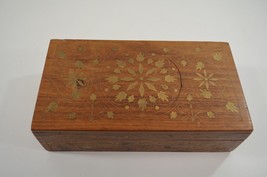 Hand Carved Jewelry Trinket Box Ornate Brass Inlay Sheesham Wood India - £22.82 GBP