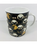 Cat Faces Eyes Coffee Cup Mug Ceramic Jewel Japan Black Gold Off-White Paw Print - £14.32 GBP