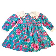 Vintage 90s Girls 3T Party Dress Floral Teal Pink Collar Embroider Longs... - $33.78