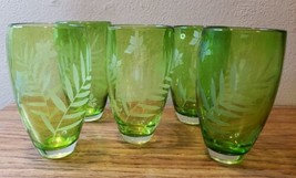 Etched Crate And Barrel Hand Blown Lime Green Glasses 6¼” Tall Set Of 5 - £39.95 GBP