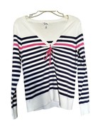 Lilly Pulitzer Blue White Striped V Neck Sweater Pink Bow Sz M - £33.52 GBP