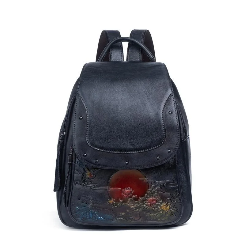 Vintage Embossed Women Backpack Genuine Leather Book Bag Soft Cowhide Lu... - £109.65 GBP