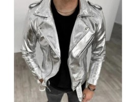 Elegante chaqueta plateada para hombre de cuero genuino de piel de corde... - $139.94+