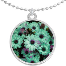 Teal Daises Round Pendant Necklace Beautiful Fashion Jewelry - £8.68 GBP