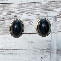 Vintage Clip On Earrings Black 3D Domed with Gold Tone Halo - $15.99