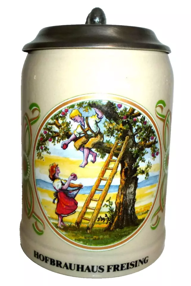 Hofbrauhaus Freising Boy &amp; Girl lidded German Beer Stein - $14.50