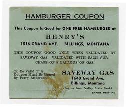 Free Hamburger Offer Henry&#39;s on Grand Avenue Billings Montana Saveway Ga... - £14.06 GBP