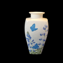 Vintage Vase Hand Painted Blue White Flowers Butterfly Artist Signed Dec... - £39.28 GBP