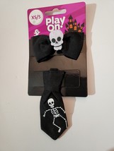 Play On! XS/S Pet Dog Collar Slide 2Pk Halloween Black Skull Tie &amp; Bowtie - £6.78 GBP