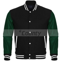 New Varsity Letterman Bomber Baseball Jacket Black Body Green Leather Sl... - £75.52 GBP