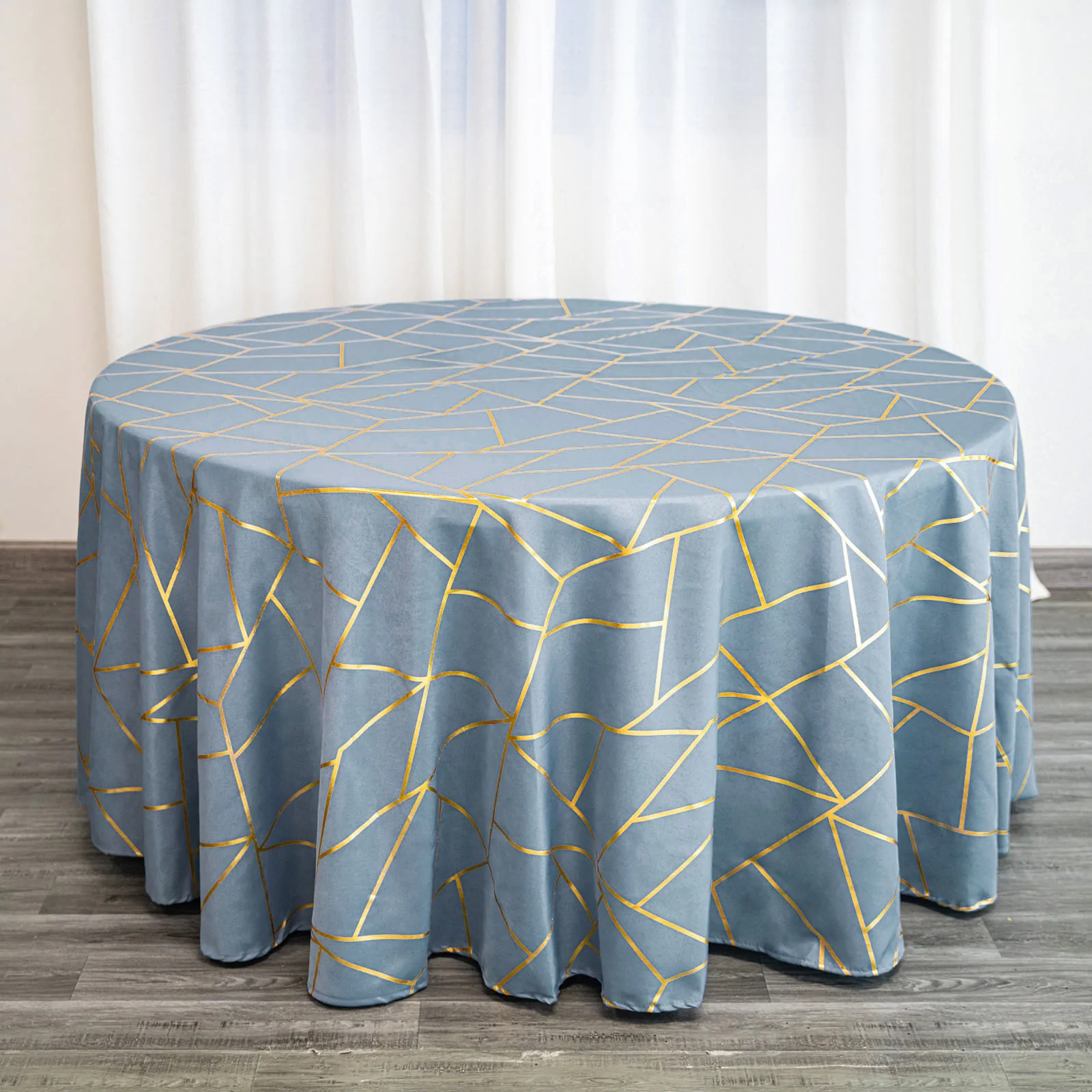 Dusty Blue - 120&quot; Round Polyester Tablecloth With Gold Foil Geometric Pattern - £40.50 GBP