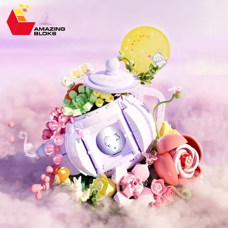 575PCS Flower Bouquet Teapot Building Blocks With Light Succulent Potted - £45.53 GBP