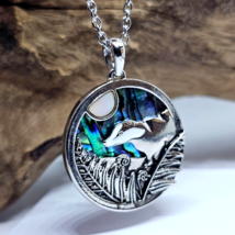 Badger Moon Necklace Pendant Abalone Mother of Pearl And Enamel Chain Boxed - £17.53 GBP